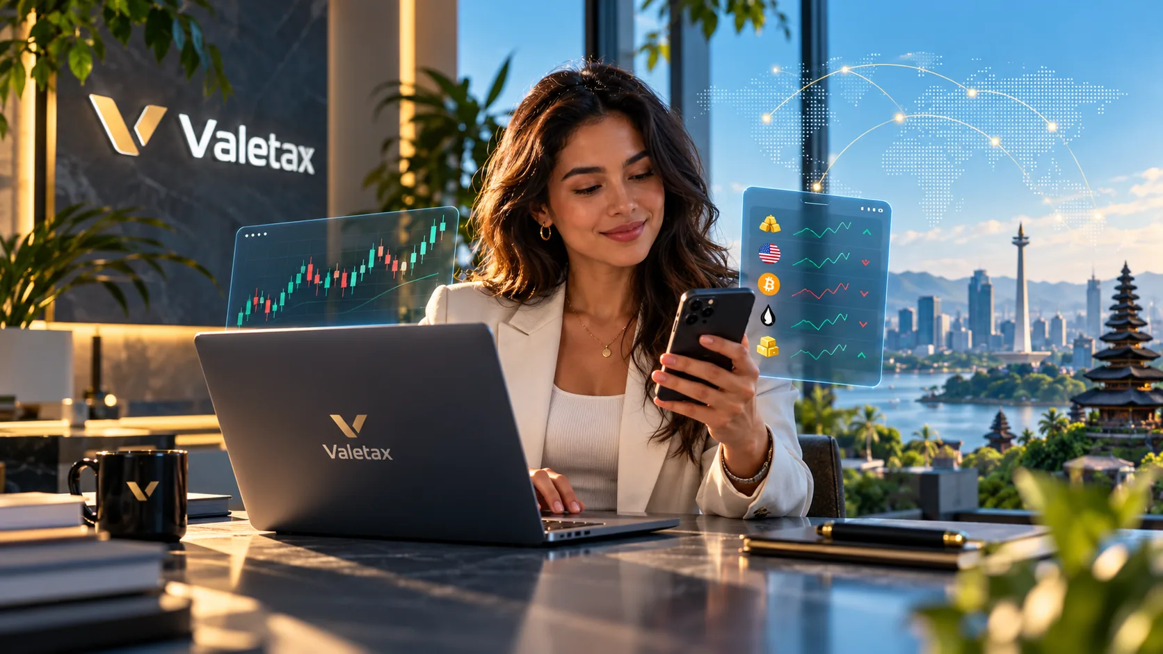 Illustrative trader using computer and mobile phone
